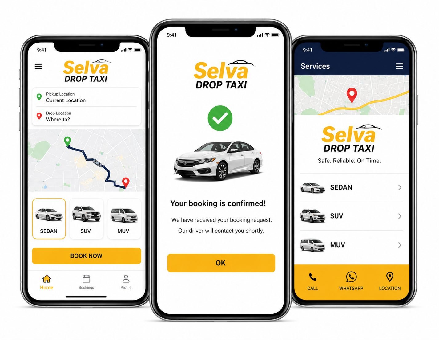 Selva Drop Taxi booking screens showing pickup and drop location, vehicle selection and booking confirmation